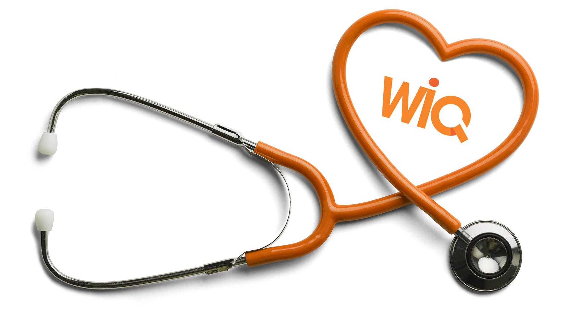 Orange heart-shaped stethoscope with WellnessIQ icon inside